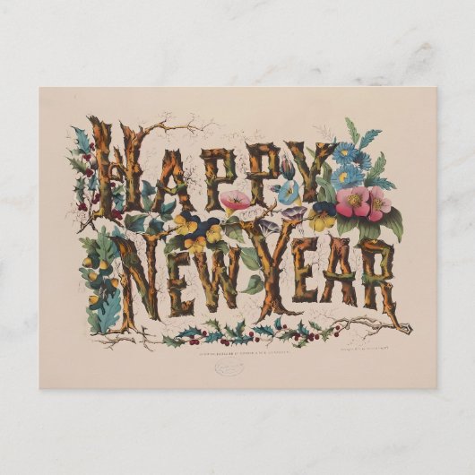 Vintage "Happy New Year" Botanical Lettering Postkarte (Vorderseite)