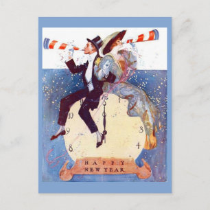 Vintage-Happy-New-Year-Uhr-Paar Postkarte
