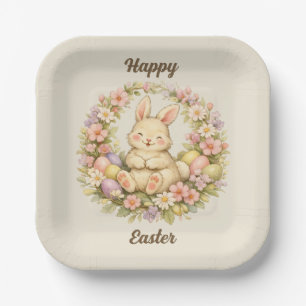 Vintage-Happy-Oster-Hase-Blumenkranz Pappteller