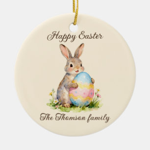 Vintage-Happy-Ostern-Hase mit Ei Familie  Keramik Ornament