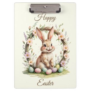Vintage-Happy-Ostern-Hase mit floralem Kranz Klemmbrett