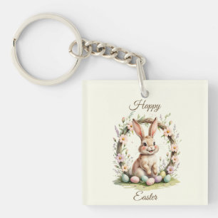 Vintage-Happy-Ostern-Hase mit floralem Kranz Schlüsselanhänger
