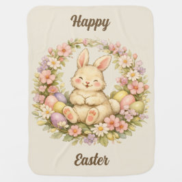 Vintage-Happy-Ostern-Hasen-Blumenkranz Babydecke