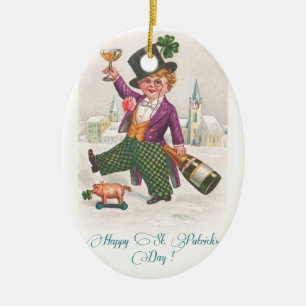 Vintage Happy St. Patrick's Day Shamrock Champagne Keramik Ornament