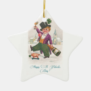 Vintage Happy St. Patrick's Day Shamrock Champagne Keramikornament