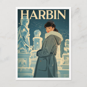 Vintage Harbin Eisstadt Frau Postkarte