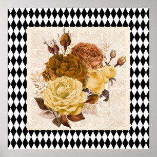 Vintage Harlequin Garden Rose Poster