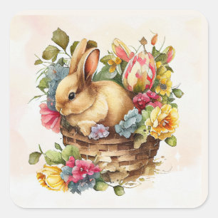 Vintage-Häschen Rosa Gelbe Blumen Frühling Quadratischer Aufkleber