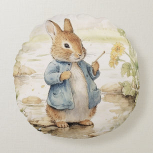Vintage-Hase in einer blauen Jacke, Rundes Kissen