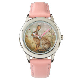Vintage-Hase Kaninchen,Blumen Garten,Kariertes Kun Armbanduhr