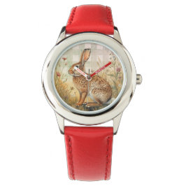 Vintage-Hase Kaninchen,Blumen Garten,Karo-Kunst Armbanduhr