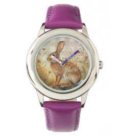 Vintage-Hase Kaninchen,Blumen Garten,Karo-Kunst Armbanduhr