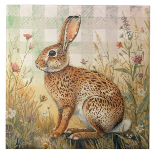 Vintage-Hase Kaninchen,Blumen Garten,Karo-Kunst Fliese