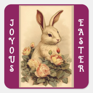 Vintage-Hase mit Rosen Quadrat-Aufkleber Quadratischer Aufkleber