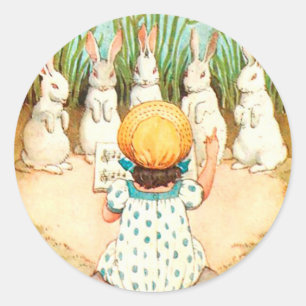 Vintage-Hase singt mit Kind Ostergruß Runder Aufkleber
