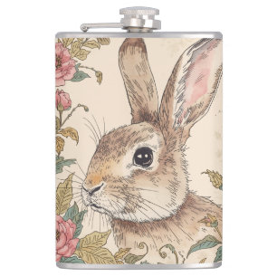 Vintage-Hase, Süßer Kaninchen-Hase, Blumenmuster Flachmann