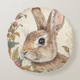 Vintage-Hase, Süßer Kaninchen-Hase, Blumenmuster Rundes Kissen