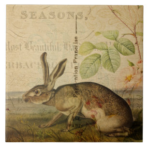 Vintage Hase-Tierillustrations-Blumencollage Fliese