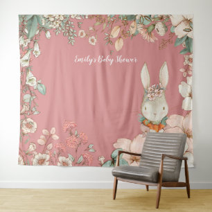 Vintage-Hasen-Baby-Shower-Kulisse Landschaft Rosa Wandteppich