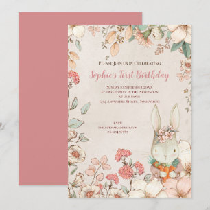 Vintage-Hasen-Blumen-Einladung zum 1. Geburtstag M Einladung