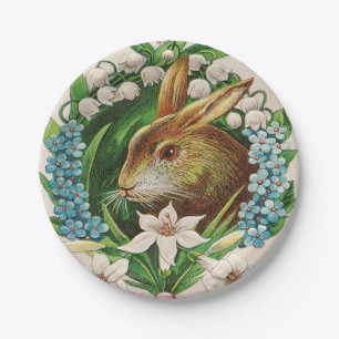 Vintage-Hasen-Blumenkranz Ostergrüße Pappteller