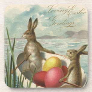 Vintage-Hasen im Boot, liebevolle Ostergrüße Getränkeuntersetzer