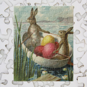 Vintage Hasen im Boot, liebevolle Ostergrüße Puzzle