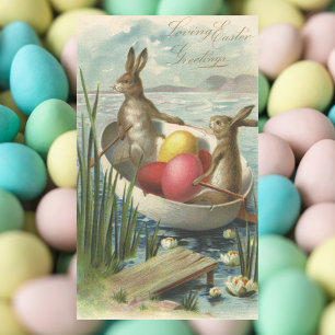 Vintage-Hasen im Boot, liebevolle Ostergrüße Rechteckiger Aufkleber