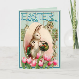 Vintage-Hasen-Tulpen-Blumen- und Osterei Feiertagskarte