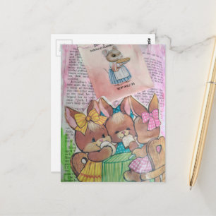 Vintage-Hasen und Maus-Collage Postkarte