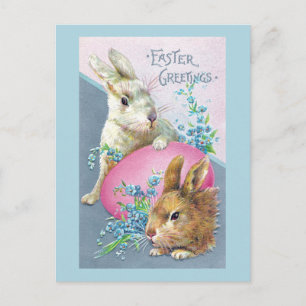 Vintage Hasen und riesiges rosa Ei Postkarte