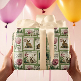 Vintage-Hasen- und Tulpen-Stempel Oster-Verpackung Geschenkpapier