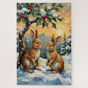 Vintage Hasen unter dem Stechpalmen-Weihnachtsbaum Puzzle