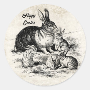 Vintage-Hasenfamilien-Illustration, Baby-Kaninchen Runder Aufkleber