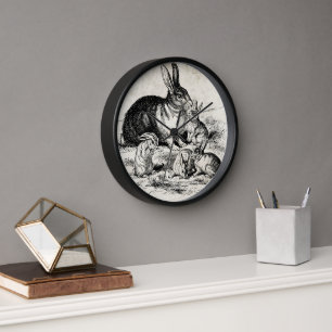 Vintage-Hasenfamilien-Illustration, Baby-Kaninchen Uhr