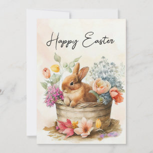 Vintage-Hasenkorb-Blumen Frohe Ostern Feiertagskarte