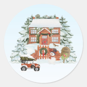 Vintage Haus Frohe Weihnachten Schnee Winter Szene Runder Aufkleber