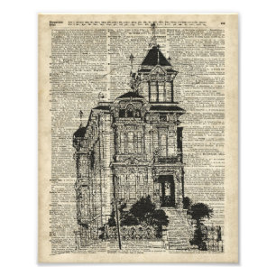 Vintage-Haus-Illustration über einer alten Buchsei Fotodruck