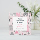 Vintage Häuser auf rosa Weihnachtskarte Karte (Stehend Vorderseite)