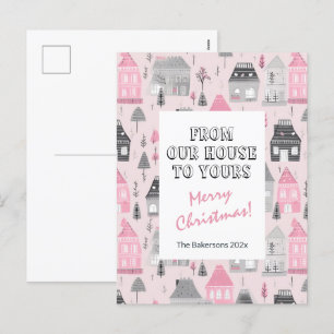 Vintage Häuser auf rosa Weihnachtspostkarte Feiertagspostkarte
