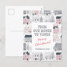 Vintage Häuser Pink Grau Weihnachtskarte