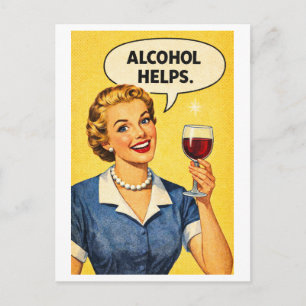 Vintage-Hausfrau der 1950er "Alkohol Hilft" Postkarte
