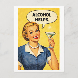 Vintage-Hausfrau der 1950er Jahre "Alkohol Hilft" Postkarte