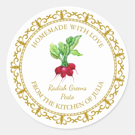 Vintage hausgemachte Radieschen Grüntöne Pesto Runder Aufkleber (Vorderseite)