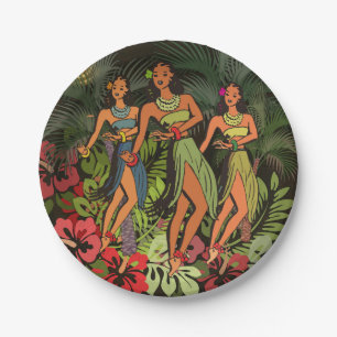 Vintage Hawaii Hula Tänzer Retro Tiki Palme Pappteller