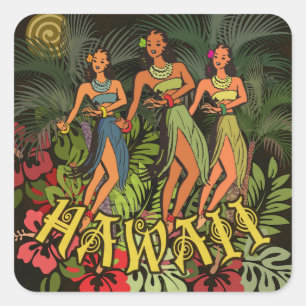 Vintage Hawaii Hula Tänzer Retro Tiki Palme Quadratischer Aufkleber