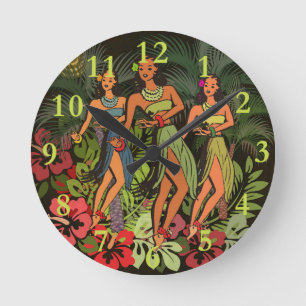 Vintage Hawaii Hula Tänzer Retro Tiki Palme Runde Wanduhr