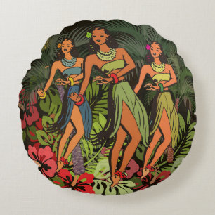 Vintage Hawaii Hula Tänzer Retro Tiki Palme Rundes Kissen