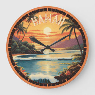 Vintage-Hawaii-Sonnenuntergang-Gemälde-Strand-Bade Große Wanduhr