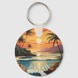 Vintage-Hawaii-Sonnenuntergangs-Gemälde-Strand-Bad Schlüsselanhänger